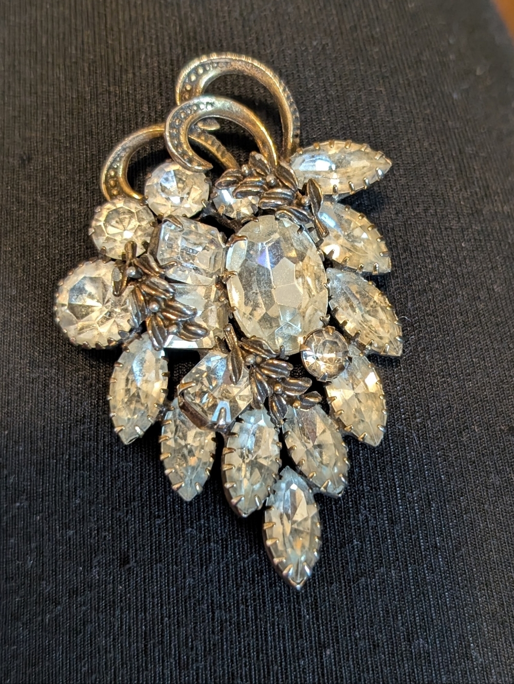Crystal Leaf Cluster Brooch – Silver-Tone With Rhinestones